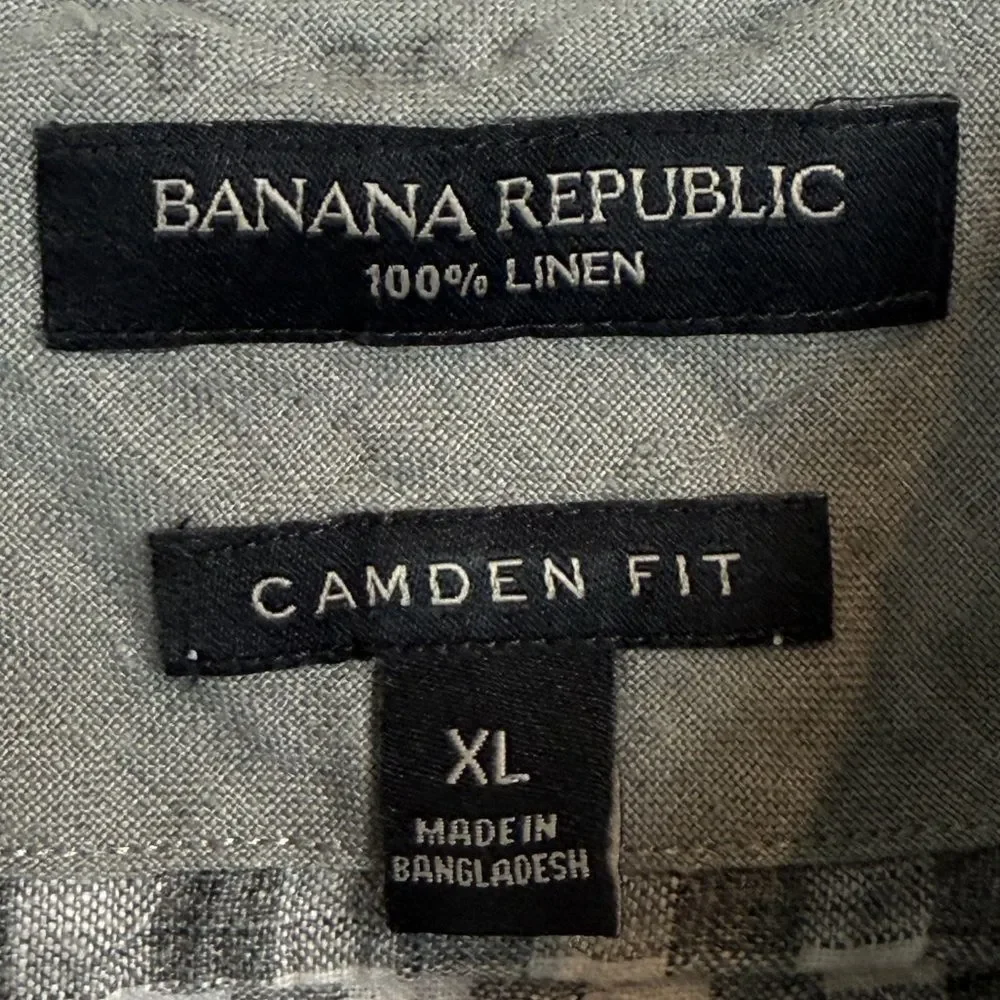 Banana Republic Camden Fit Linen Grey White Checkered Shirt XL